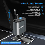 KKMOL Carregador retrátil para carro, 4 em 1, rápido de 100 W, com 2 cabos e tela de tensão de porta tipo C, compatível com iPhone 15Pro Max/14/13/12/11, Galaxy S23/S22