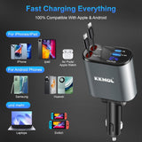 KKMOL Carregador retrátil para carro, 4 em 1, rápido de 100 W, com 2 cabos e tela de tensão de porta tipo C, compatível com iPhone 15Pro Max/14/13/12/11, Galaxy S23/S22